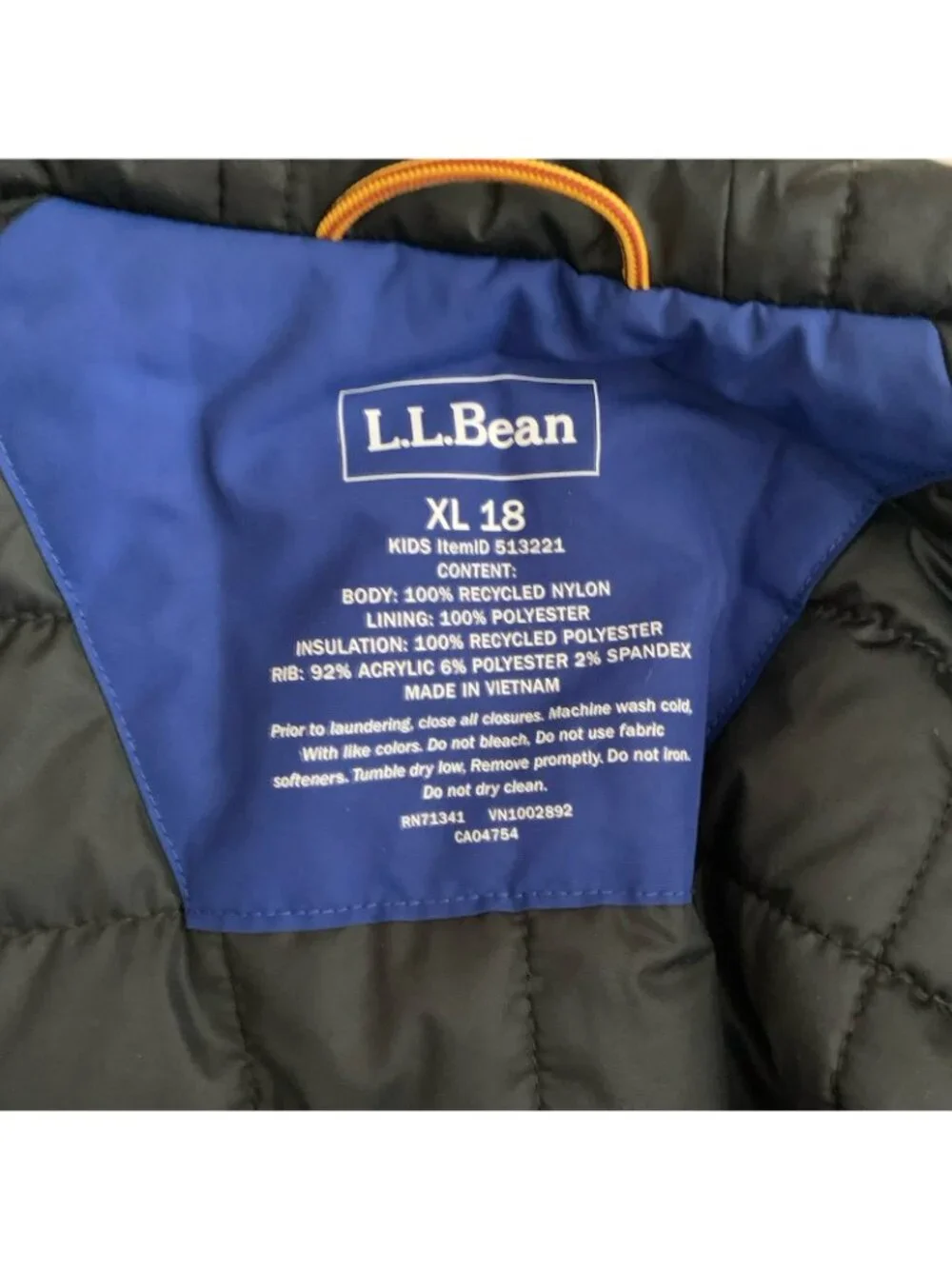 LL Bean Kids XL 18 Blue Black Insulated Jacket Bomber Preppy Outdoor 513221